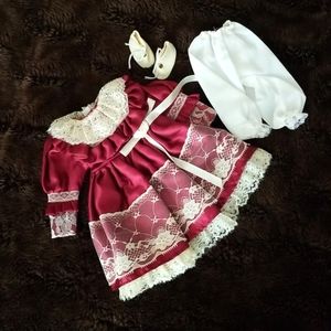 World Bazaar Inc. Red Satin/White Lace Doll Dress, Pants & Shoes Set